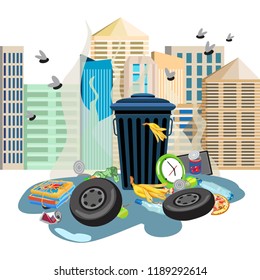 Garbage can with waste in the background of the city. Smelly debris and flies. Dirty puddle . Vector illustration.