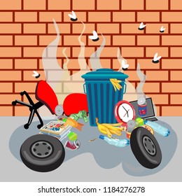 Garbage can with waste on a brick wall background. Smelly debris and flies. Dirty puddle .  Vector illustration.