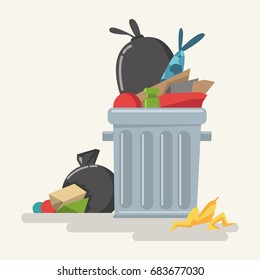 Garbage can with waste, plastic bags, trash and rubbish. Vector cartoon flat illustration isolated on white background.