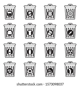 Garbage Can And Waste Sorting Icons. Line With Fill Design. Vector Illustration.