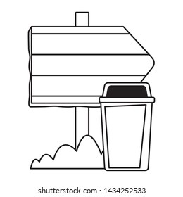 garbage can and wooden sign icon cartoon in black and white vector illustration graphic design