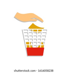 Garbage cans and bags in flat style icons. Vector icons of garbage bags, dumpsters and cans. With hand. EPS 10