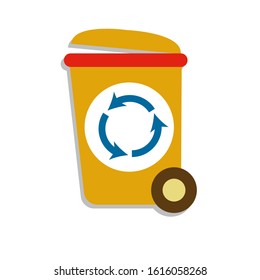 Garbage cans and bags in flat style icons. Vector icons of garbage bags, dumpsters and cans. With recycle symbol. EPS 10