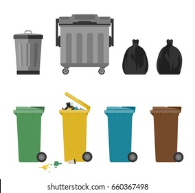 Garbage cans and bags in flat style. Vector icons of garbage bags, dumpsters and cans.