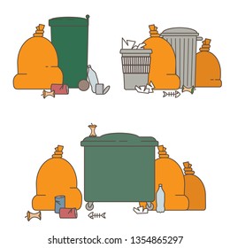 garbage cans and garbage bags and various waste