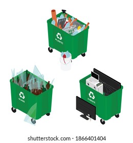 Garbage cans full of sorted garbage vector icons. Recycling garbage separation collection. Isometric view. Vector