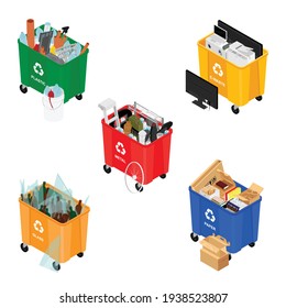 Garbage cans full of sorted garbage vector icons. Recycling garbage separation collection. Isometric view. Vector