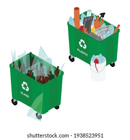 Garbage cans full of sorted garbage vector icons. Recycling garbage separation collection. Isometric view. Vector