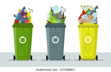 Garbage cans isolated on white background. Ecology and recycle concept. Sorting garbage. Garbage recycling, trash cans, ecology icons. Flat design, vector illustration, vector.