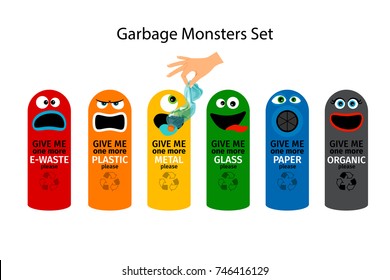 Garbage cans for kids with cartoon monster faces, vector illustration