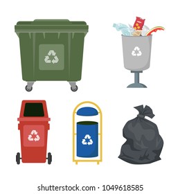 Garbage cans on white background. Ecology and recycle concept. Vector illustration.