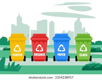 Garbage cans for organic, paper, plastic, glass waste on city background. Collection of colorful separation recycle bins.  Vector illustration in flat style