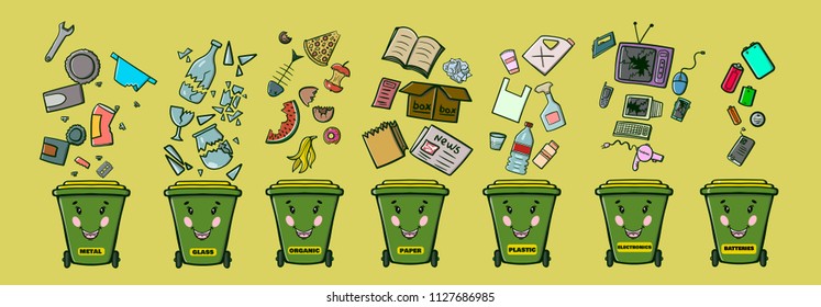 garbage cans with sorted rubbish, character