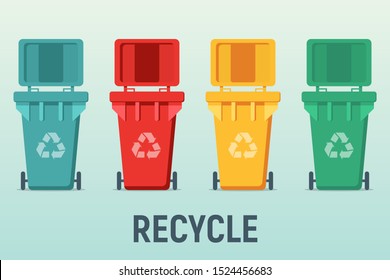 garbage cans with sorted garbage vector icons. Container dustbin for paper, plastic, glass, e-waste in flat style. Separation of waste cans for recycling. Colored waste bins. Waste management concept