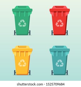 garbage cans with sorted garbage vector icons. Container dustbin for paper, plastic, glass, e-waste in flat style. Separation of waste cans for recycling. Colored waste bins. Waste management concept