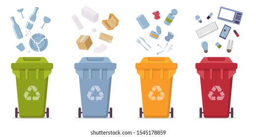 garbage cans with sorted garbage vector icons. Container dustbin for paper, plastic, glass, e-waste in flat style. Separation of waste cans for recycling. Colored waste bins. Waste management concept