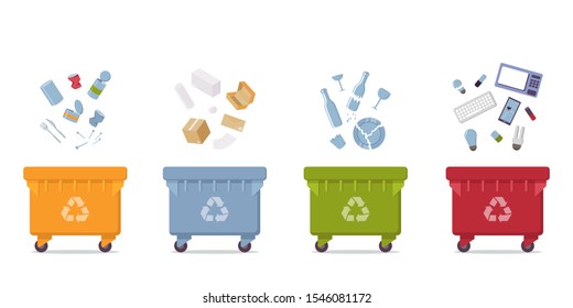 garbage cans with sorted garbage vector icons. Container dustbin for paper, plastic, glass, e-waste in flat style. Separation of waste cans for recycling. Colored waste bins. Waste management concept