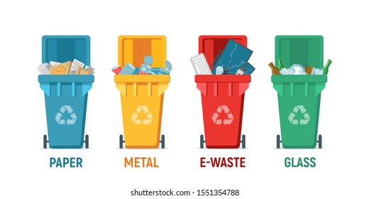 garbage cans with sorted garbage vector icons. Container dustbin for paper, plastic, glass, e-waste in flat style. Separation of waste cans for recycling. Colored waste bins. Waste management concept