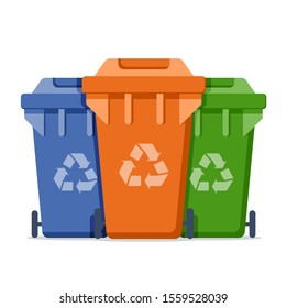 garbage cans with sorted garbage vector icons. Container dustbin for paper, glass, e-waste in flat style. Separation of waste cans for recycling. Colored waste bins. Waste management concept