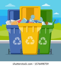 garbage cans with sorted garbage vector icons. Container dustbin for paper, metal, glass in flat style. Separation of waste cans for recycling. Colored waste bins, city landscape. Waste management 