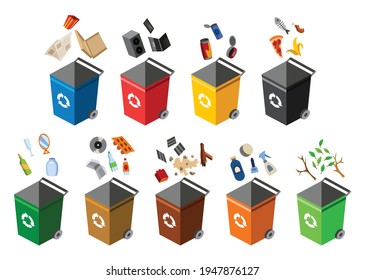 Garbage cans for sorting. Recycling elements. Many garbage cans with sorted garbage. Colored waste bins with trash. Separation of waste on garbage cans. Waste management concept