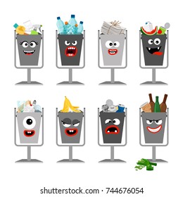 Garbage cans with trash for kids. Trash cans with cute monster faces, vector icons set