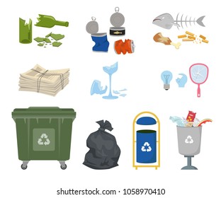 Garbage cans and trash on white background. Ecology and recycle concept. Vector illustration.