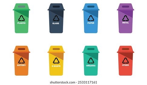 Garbage cans trash separation recycling isolated vector illustration on white background.