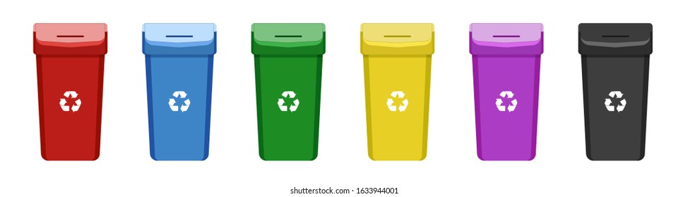 Garbage cans vector flat illustrations. Sorting garbage. Ecology and recycle concept. Colorful recycle trash bins isolated on white background.