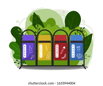Garbage cans vector flat illustrations. Sorting garbage. Ecology and recycle concept. Colorful recycle trash bins on modern flat green background.