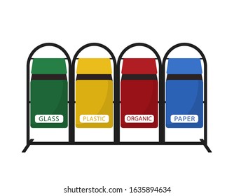 Garbage cans vector flat illustrations. Sorting garbage. Ecology and recycle concept. Colorful recycle trash bins isolated on white background.