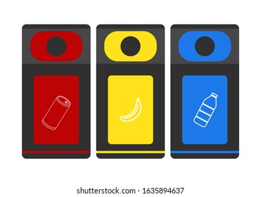 Garbage cans vector flat illustrations. Sorting garbage. Ecology and recycle concept. Colorful recycle trash bins isolated on white background.