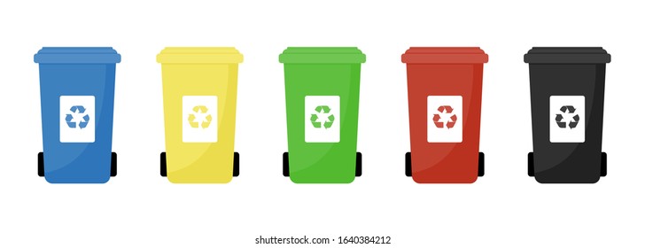 Garbage cans vector flat illustrations. Sorting garbage. Ecology and recycle concept. Colorful recycle trash bins isolated on white background.