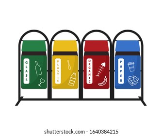 Garbage cans vector flat illustrations. Sorting garbage. Ecology and recycle concept. Colorful recycle trash bins isolated on white background.