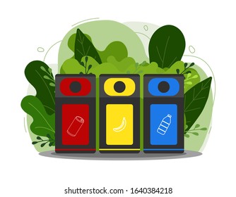 Garbage cans vector flat illustrations. Sorting garbage. Ecology and recycle concept. Colorful recycle trash bins on modern flat background.