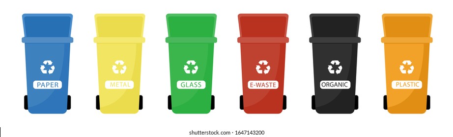 Garbage cans vector flat illustrations. Sorting garbage. Ecology and recycle concept. Colorful open recycle trash bins isolated on white background.