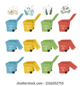 Garbage cans vector hand draw illustrations. Many garbage cans with sorted garbage. Sorting garbage. Ecology and recycle concept. Trash cans isolated on white background