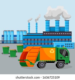 Garbage Car Dump Truck On Background Of Smoking Chimneys Of Factory Industry Vector Illustration. Waste Sorting Containers Near Plant. Environmental Toxic Pollution, Trash Waste Removal And Recycling.