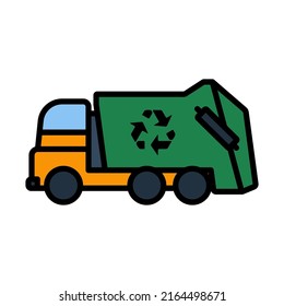 Garbage Car With Recycle Icon. Editable Bold Outline With Color Fill Design. Vector Illustration.