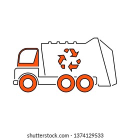 Garbage Car With Recycle Icon. Thin Line With Red Fill Design. Vector Illustration.