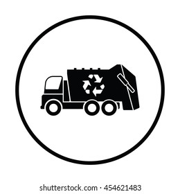 Garbage car with recycle icon. Thin circle design. Vector illustration.