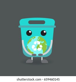  garbage cartoon hold the earth and recycle symbol.