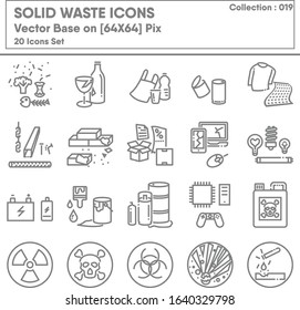 Garbage Category and Solid Waste Icon Set, Icons Collection of Garbages Recycle and Hazard Warning Symbol. Renewable for Environmental Sustainable Concept Design.