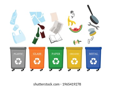 Garbage classification - plastic, paper, glass, metal, organic, isolated on a white background