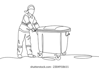 Garbage cleaner with trash can. A man cleans up around. Caring for nature and people. Global Garbage Man Day. One line drawing for different uses. Vector illustration.