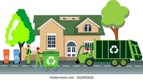 Garbage cleaning service workers take off caradge from the cans, garadge truck on the city street, flat vector illustration