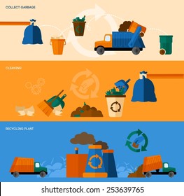 Garbage collect cleaning and recycling plant horizontal banner set isolated vector illustration