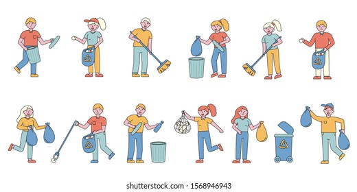Garbage collecting flat charers set. People sorting glass and plastic litter in containers cartoon illustrations pack. Trash recycling. Waste management , environmental pollution control.