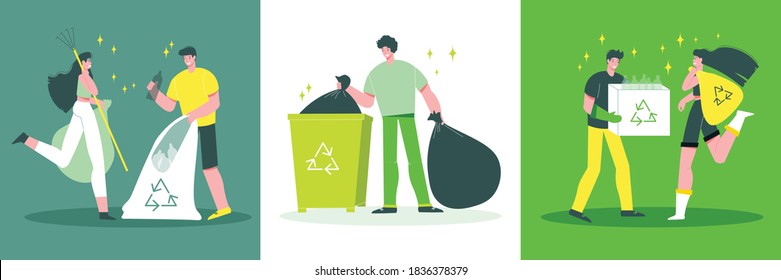 Garbage collecting recycling concept 3 flat compositions with sorting waste in boxes plastic bags containers vector illustration 