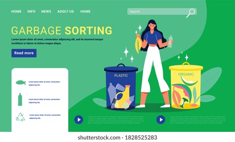 Garbage collecting sorting recycling web page with plastic and organic waste bins green background flat vector illustration 
